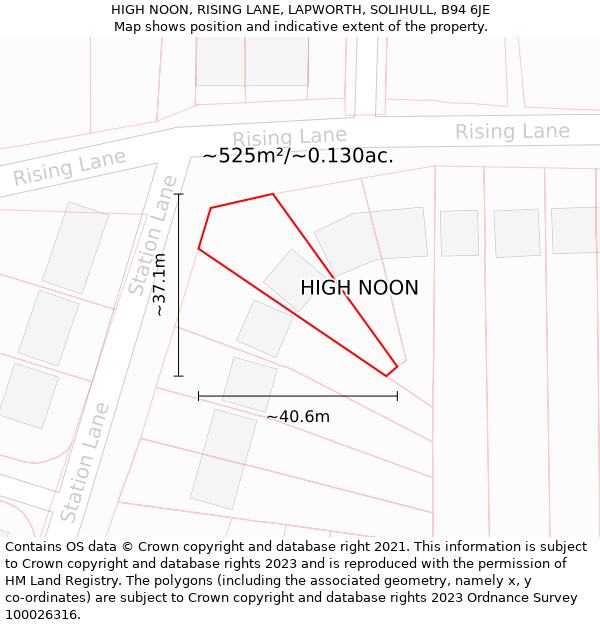 HIGH NOON, RISING LANE, LAPWORTH, SOLIHULL, B94 6JE: Plot and title map