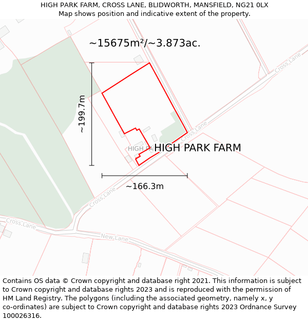 HIGH PARK FARM, CROSS LANE, BLIDWORTH, MANSFIELD, NG21 0LX: Plot and title map