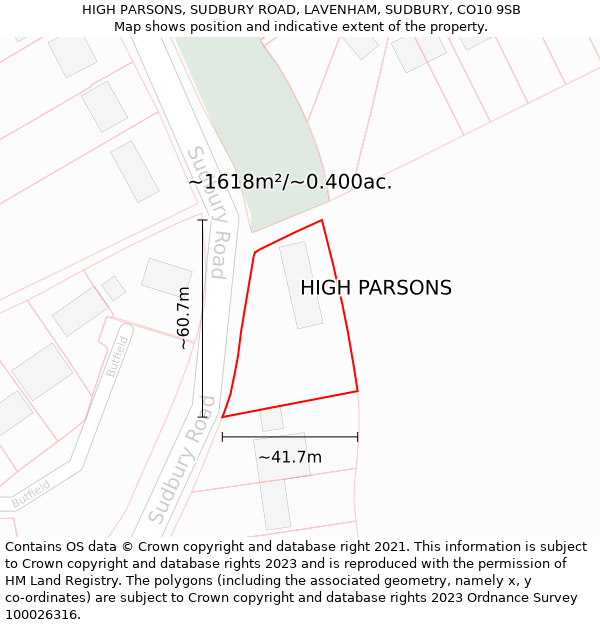 HIGH PARSONS, SUDBURY ROAD, LAVENHAM, SUDBURY, CO10 9SB: Plot and title map