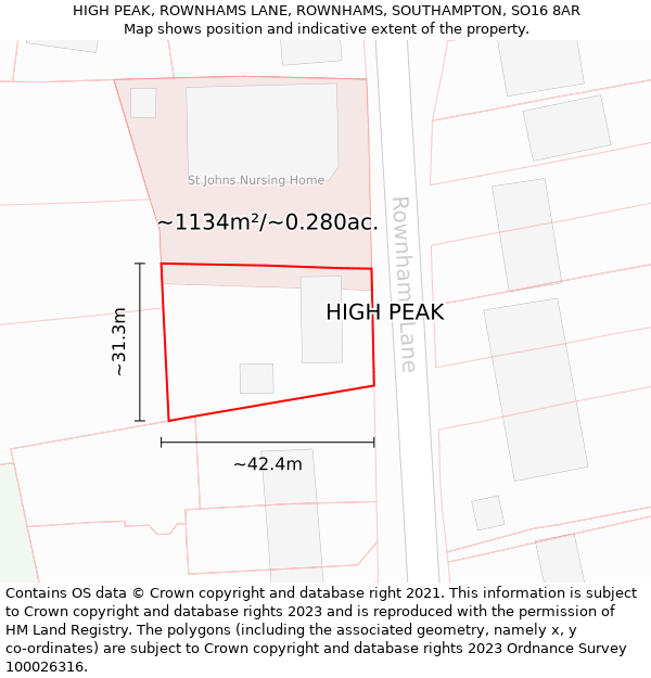 HIGH PEAK, ROWNHAMS LANE, ROWNHAMS, SOUTHAMPTON, SO16 8AR: Plot and title map