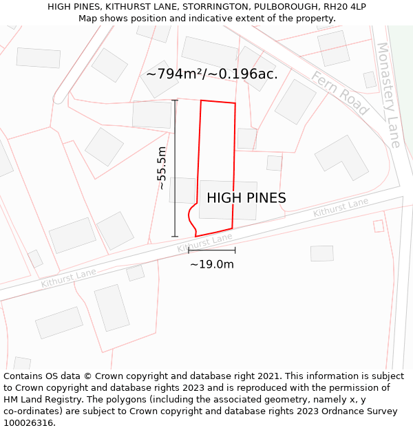 HIGH PINES, KITHURST LANE, STORRINGTON, PULBOROUGH, RH20 4LP: Plot and title map