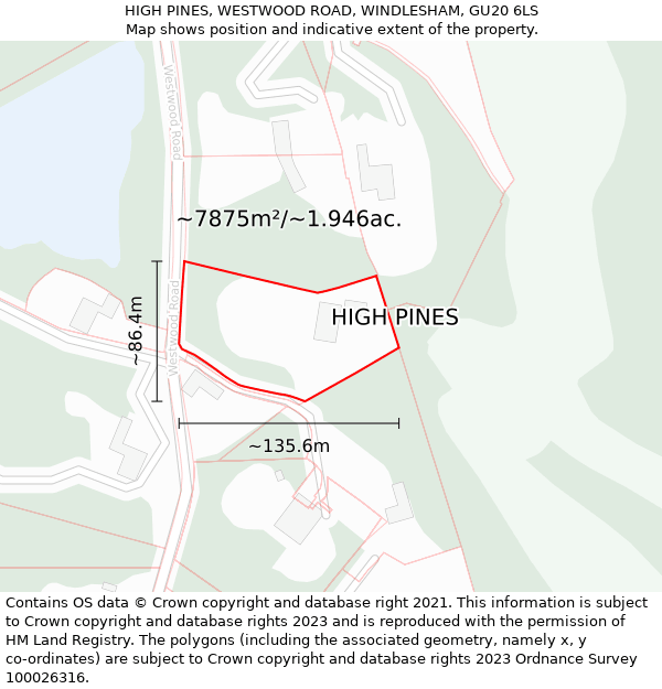 HIGH PINES, WESTWOOD ROAD, WINDLESHAM, GU20 6LS: Plot and title map