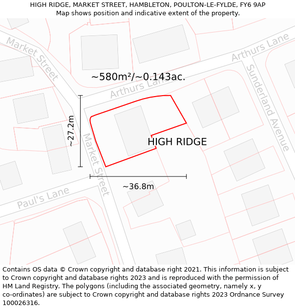 HIGH RIDGE, MARKET STREET, HAMBLETON, POULTON-LE-FYLDE, FY6 9AP: Plot and title map