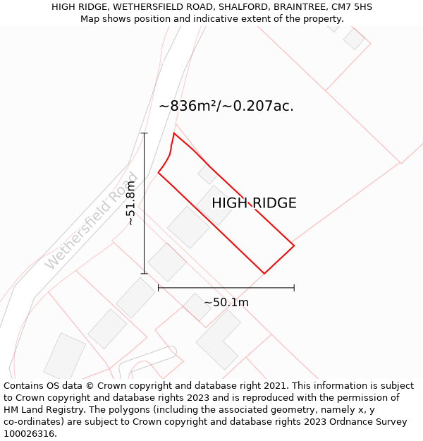 HIGH RIDGE, WETHERSFIELD ROAD, SHALFORD, BRAINTREE, CM7 5HS: Plot and title map