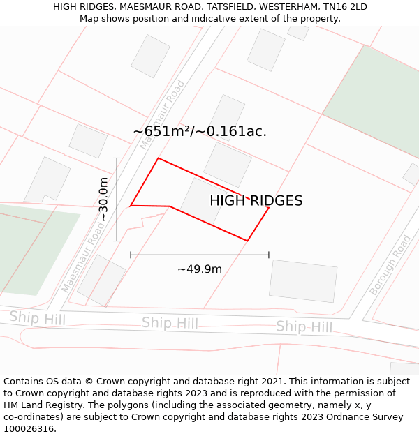 HIGH RIDGES, MAESMAUR ROAD, TATSFIELD, WESTERHAM, TN16 2LD: Plot and title map