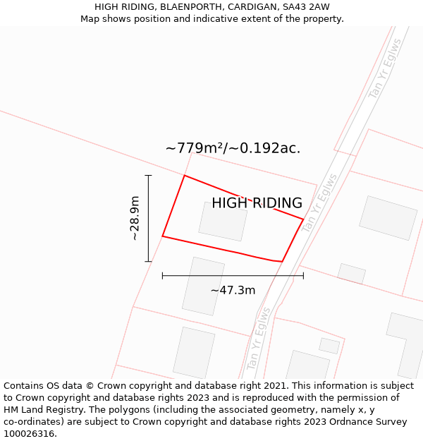 HIGH RIDING, BLAENPORTH, CARDIGAN, SA43 2AW: Plot and title map