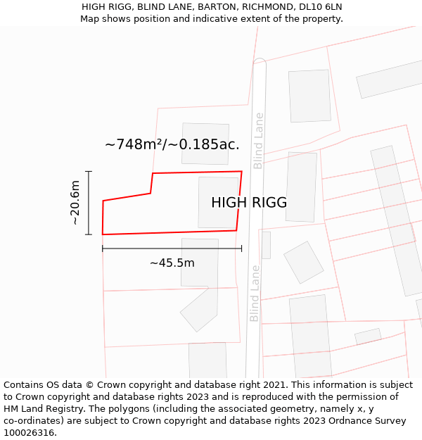 HIGH RIGG, BLIND LANE, BARTON, RICHMOND, DL10 6LN: Plot and title map