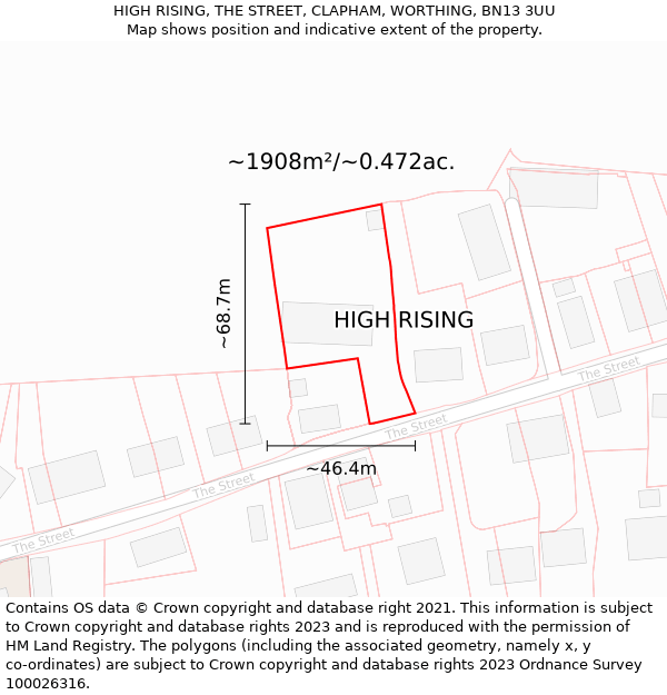 HIGH RISING, THE STREET, CLAPHAM, WORTHING, BN13 3UU: Plot and title map