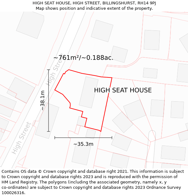 HIGH SEAT HOUSE, HIGH STREET, BILLINGSHURST, RH14 9PJ: Plot and title map