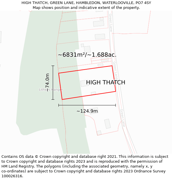 HIGH THATCH, GREEN LANE, HAMBLEDON, WATERLOOVILLE, PO7 4SY: Plot and title map