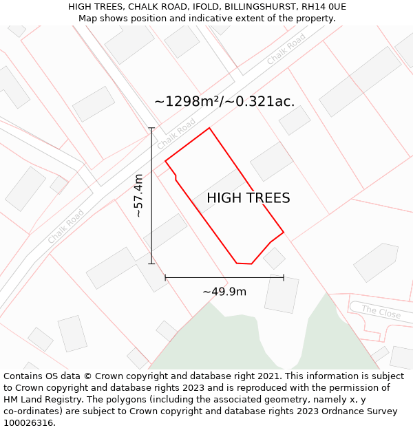 HIGH TREES, CHALK ROAD, IFOLD, BILLINGSHURST, RH14 0UE: Plot and title map