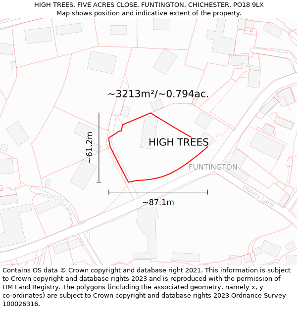 HIGH TREES, FIVE ACRES CLOSE, FUNTINGTON, CHICHESTER, PO18 9LX: Plot and title map