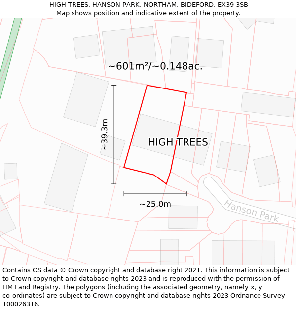HIGH TREES, HANSON PARK, NORTHAM, BIDEFORD, EX39 3SB: Plot and title map