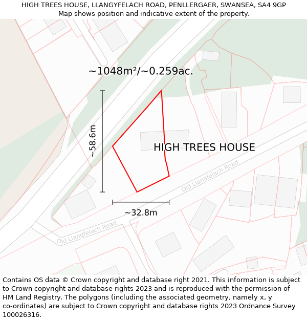 HIGH TREES HOUSE, LLANGYFELACH ROAD, PENLLERGAER, SWANSEA, SA4 9GP: Plot and title map