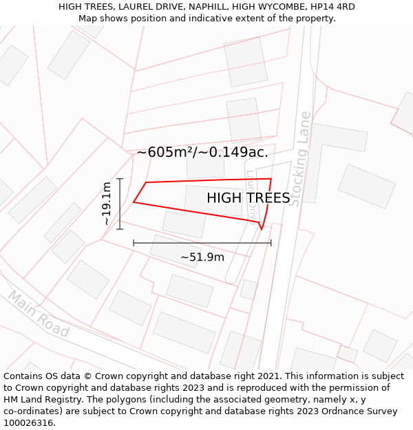 HIGH TREES, LAUREL DRIVE, NAPHILL, HIGH WYCOMBE, HP14 4RD: Plot and title map