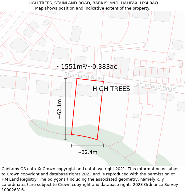 HIGH TREES, STAINLAND ROAD, BARKISLAND, HALIFAX, HX4 0AQ: Plot and title map