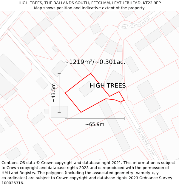 HIGH TREES, THE BALLANDS SOUTH, FETCHAM, LEATHERHEAD, KT22 9EP: Plot and title map