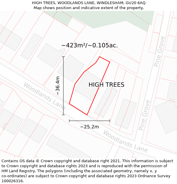 HIGH TREES, WOODLANDS LANE, WINDLESHAM, GU20 6AQ: Plot and title map