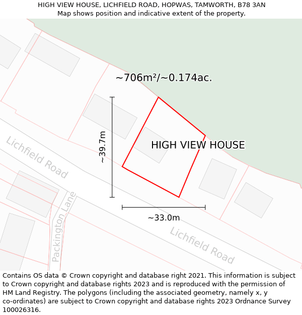 HIGH VIEW HOUSE, LICHFIELD ROAD, HOPWAS, TAMWORTH, B78 3AN: Plot and title map