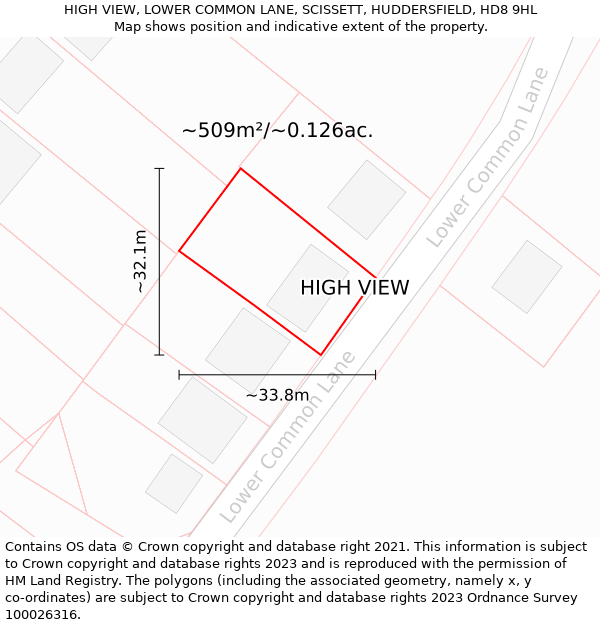 HIGH VIEW, LOWER COMMON LANE, SCISSETT, HUDDERSFIELD, HD8 9HL: Plot and title map