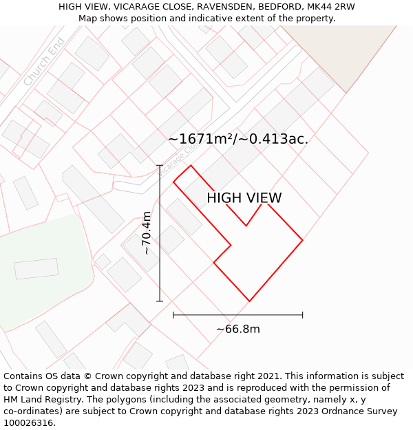 HIGH VIEW, VICARAGE CLOSE, RAVENSDEN, BEDFORD, MK44 2RW: Plot and title map