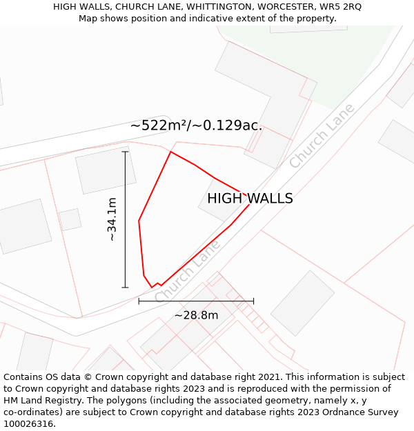 HIGH WALLS, CHURCH LANE, WHITTINGTON, WORCESTER, WR5 2RQ: Plot and title map