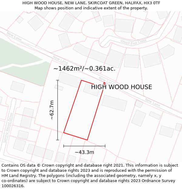 HIGH WOOD HOUSE, NEW LANE, SKIRCOAT GREEN, HALIFAX, HX3 0TF: Plot and title map