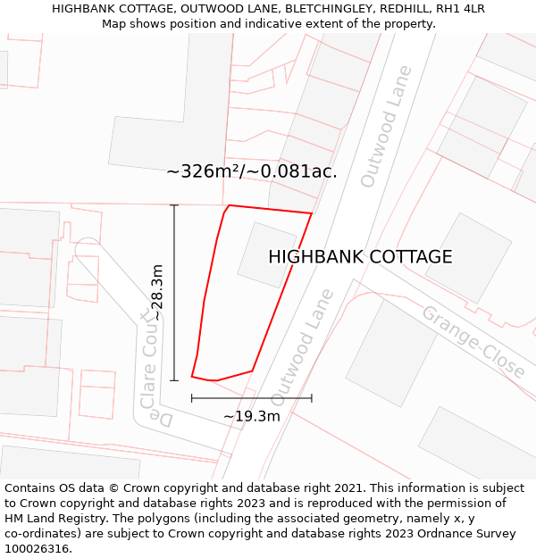 HIGHBANK COTTAGE, OUTWOOD LANE, BLETCHINGLEY, REDHILL, RH1 4LR: Plot and title map