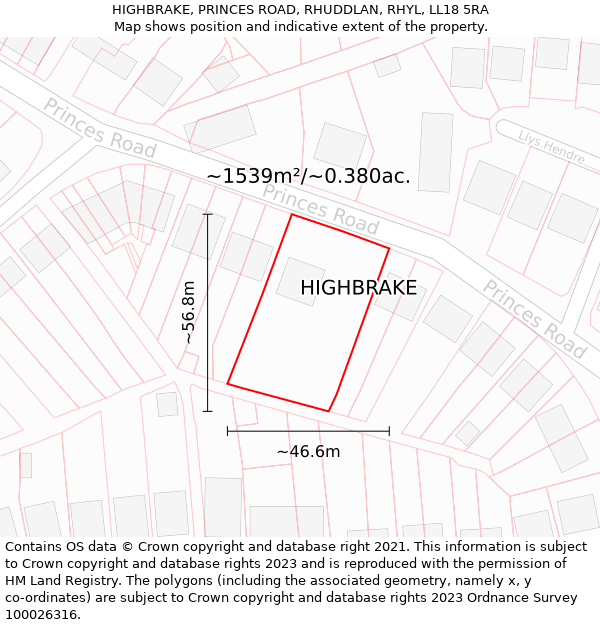 HIGHBRAKE, PRINCES ROAD, RHUDDLAN, RHYL, LL18 5RA: Plot and title map