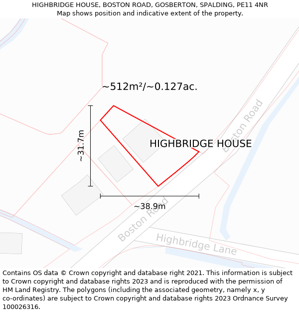 HIGHBRIDGE HOUSE, BOSTON ROAD, GOSBERTON, SPALDING, PE11 4NR: Plot and title map