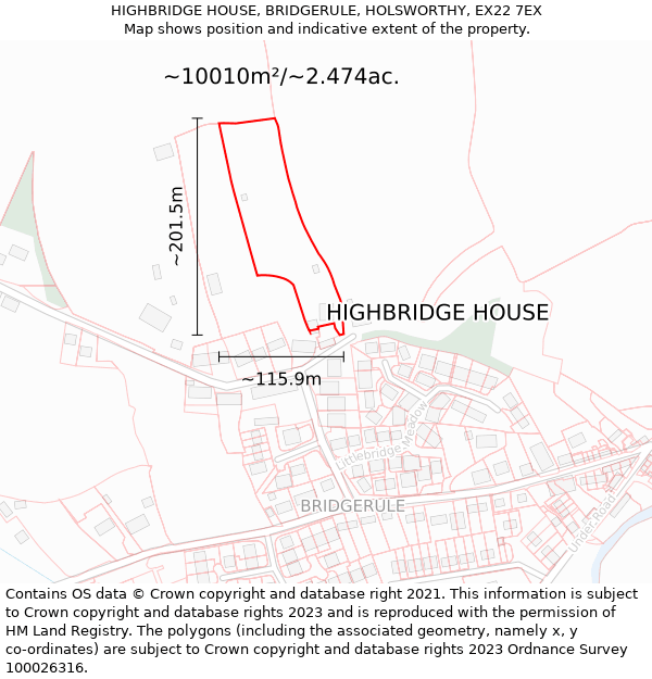 HIGHBRIDGE HOUSE, BRIDGERULE, HOLSWORTHY, EX22 7EX: Plot and title map