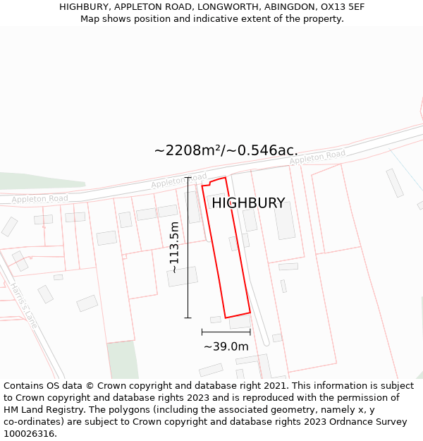 HIGHBURY, APPLETON ROAD, LONGWORTH, ABINGDON, OX13 5EF: Plot and title map