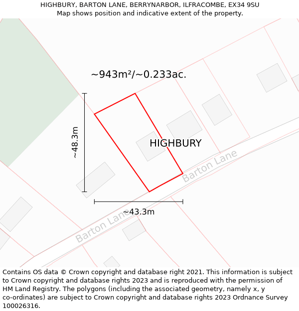 HIGHBURY, BARTON LANE, BERRYNARBOR, ILFRACOMBE, EX34 9SU: Plot and title map