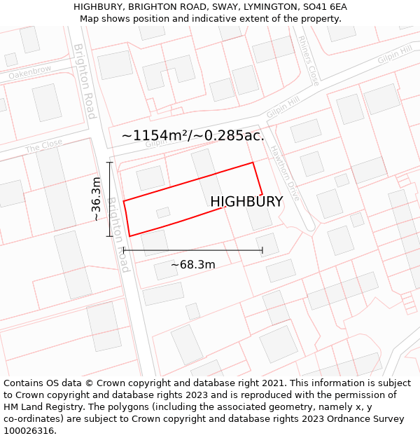 HIGHBURY, BRIGHTON ROAD, SWAY, LYMINGTON, SO41 6EA: Plot and title map