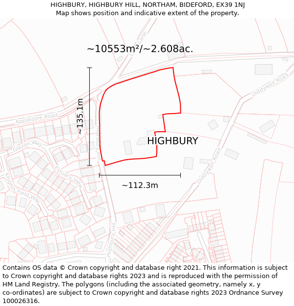 HIGHBURY, HIGHBURY HILL, NORTHAM, BIDEFORD, EX39 1NJ: Plot and title map