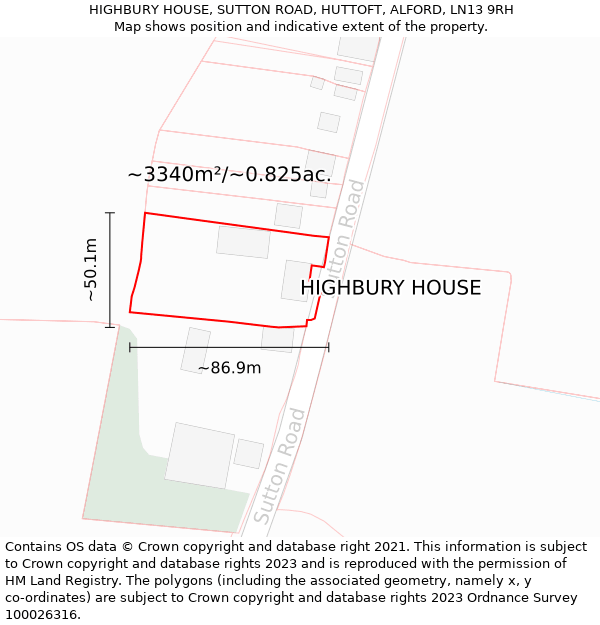 HIGHBURY HOUSE, SUTTON ROAD, HUTTOFT, ALFORD, LN13 9RH: Plot and title map