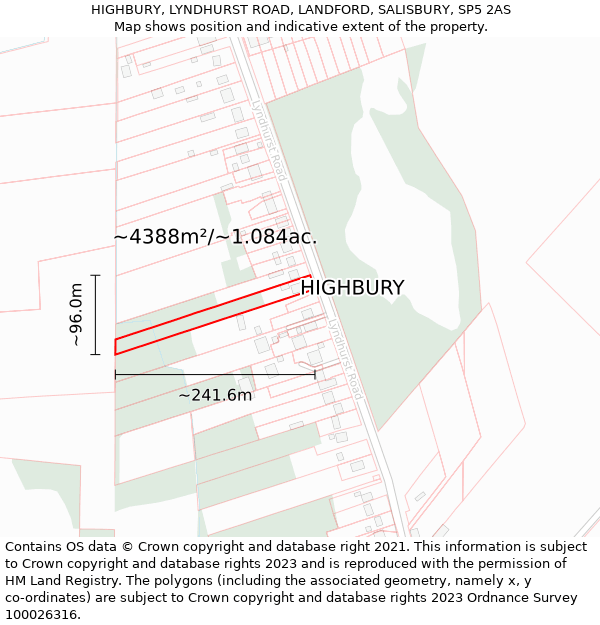 HIGHBURY, LYNDHURST ROAD, LANDFORD, SALISBURY, SP5 2AS: Plot and title map