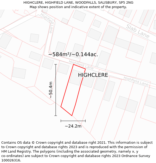 HIGHCLERE, HIGHFIELD LANE, WOODFALLS, SALISBURY, SP5 2NG: Plot and title map