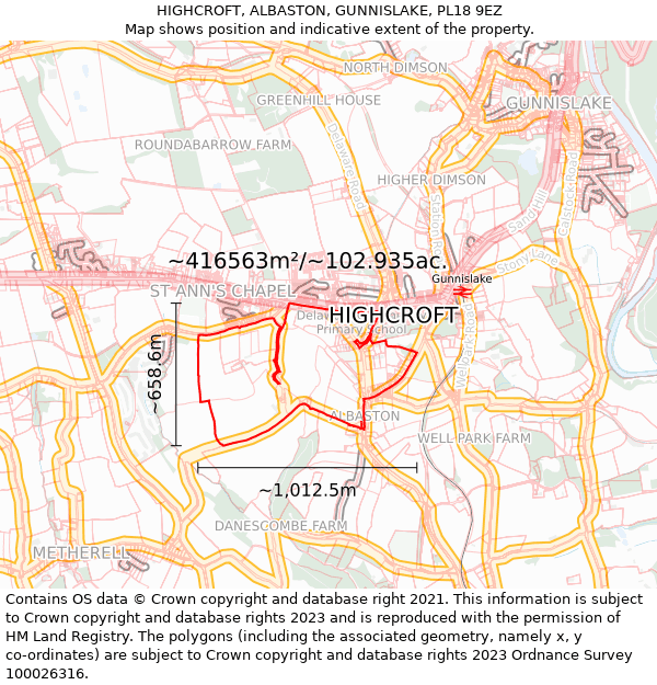HIGHCROFT, ALBASTON, GUNNISLAKE, PL18 9EZ: Plot and title map