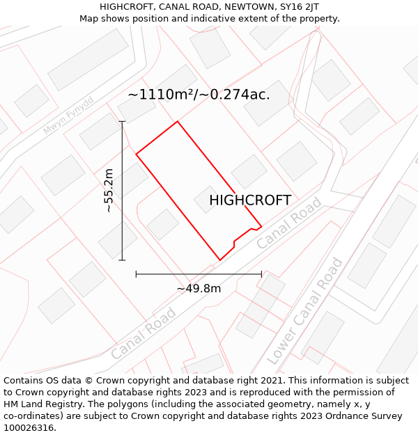 HIGHCROFT, CANAL ROAD, NEWTOWN, SY16 2JT: Plot and title map