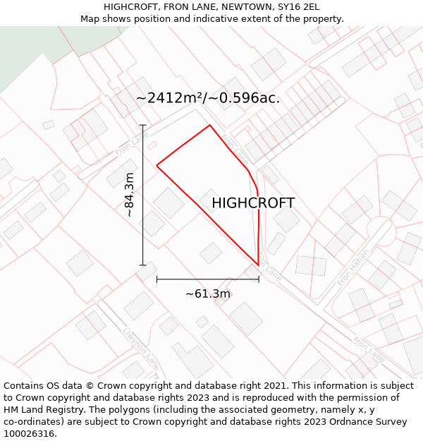 HIGHCROFT, FRON LANE, NEWTOWN, SY16 2EL: Plot and title map