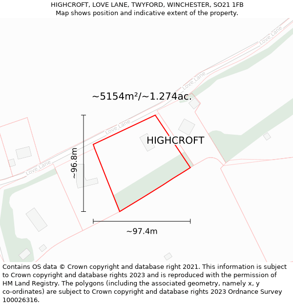 HIGHCROFT, LOVE LANE, TWYFORD, WINCHESTER, SO21 1FB: Plot and title map