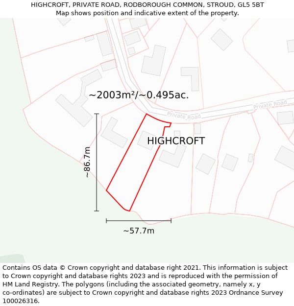 HIGHCROFT, PRIVATE ROAD, RODBOROUGH COMMON, STROUD, GL5 5BT: Plot and title map