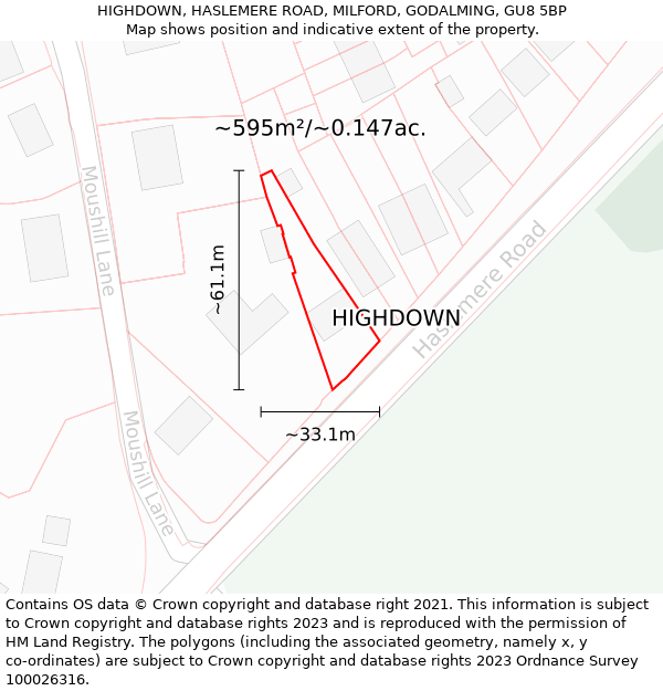 HIGHDOWN, HASLEMERE ROAD, MILFORD, GODALMING, GU8 5BP: Plot and title map