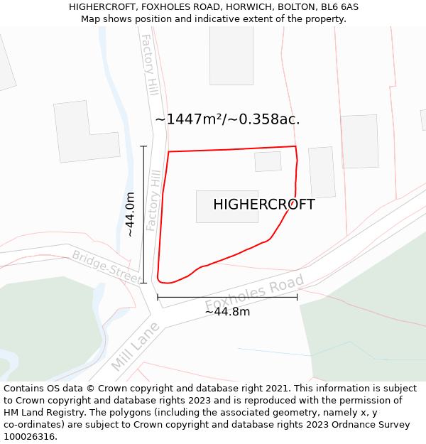 HIGHERCROFT, FOXHOLES ROAD, HORWICH, BOLTON, BL6 6AS: Plot and title map