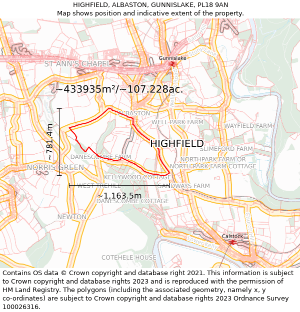 HIGHFIELD, ALBASTON, GUNNISLAKE, PL18 9AN: Plot and title map