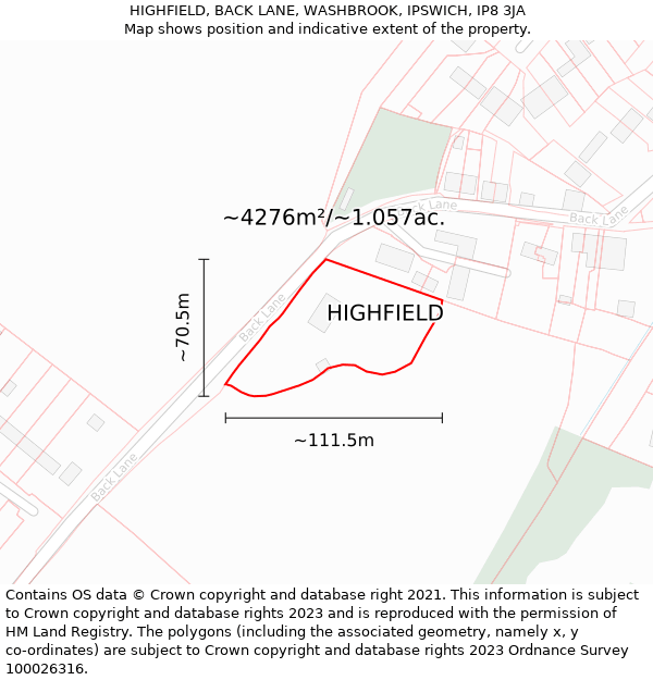 HIGHFIELD, BACK LANE, WASHBROOK, IPSWICH, IP8 3JA: Plot and title map