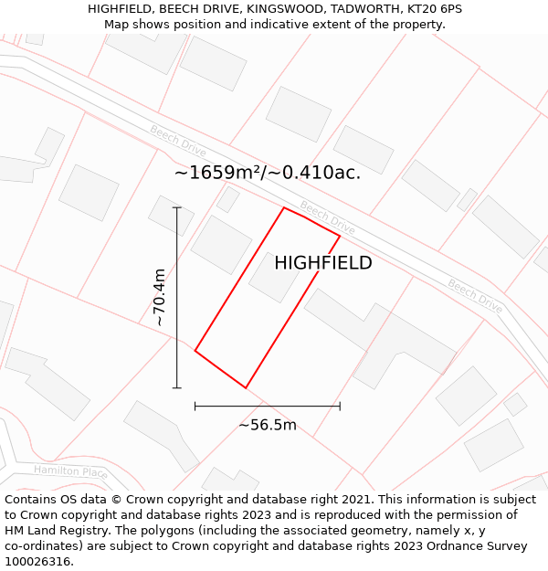 HIGHFIELD, BEECH DRIVE, KINGSWOOD, TADWORTH, KT20 6PS: Plot and title map