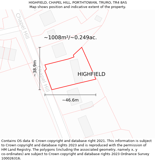 HIGHFIELD, CHAPEL HILL, PORTHTOWAN, TRURO, TR4 8AS: Plot and title map