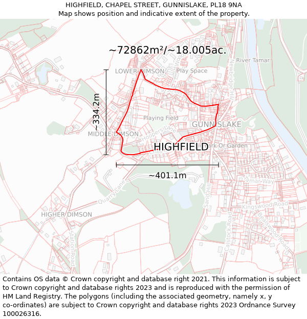 HIGHFIELD, CHAPEL STREET, GUNNISLAKE, PL18 9NA: Plot and title map